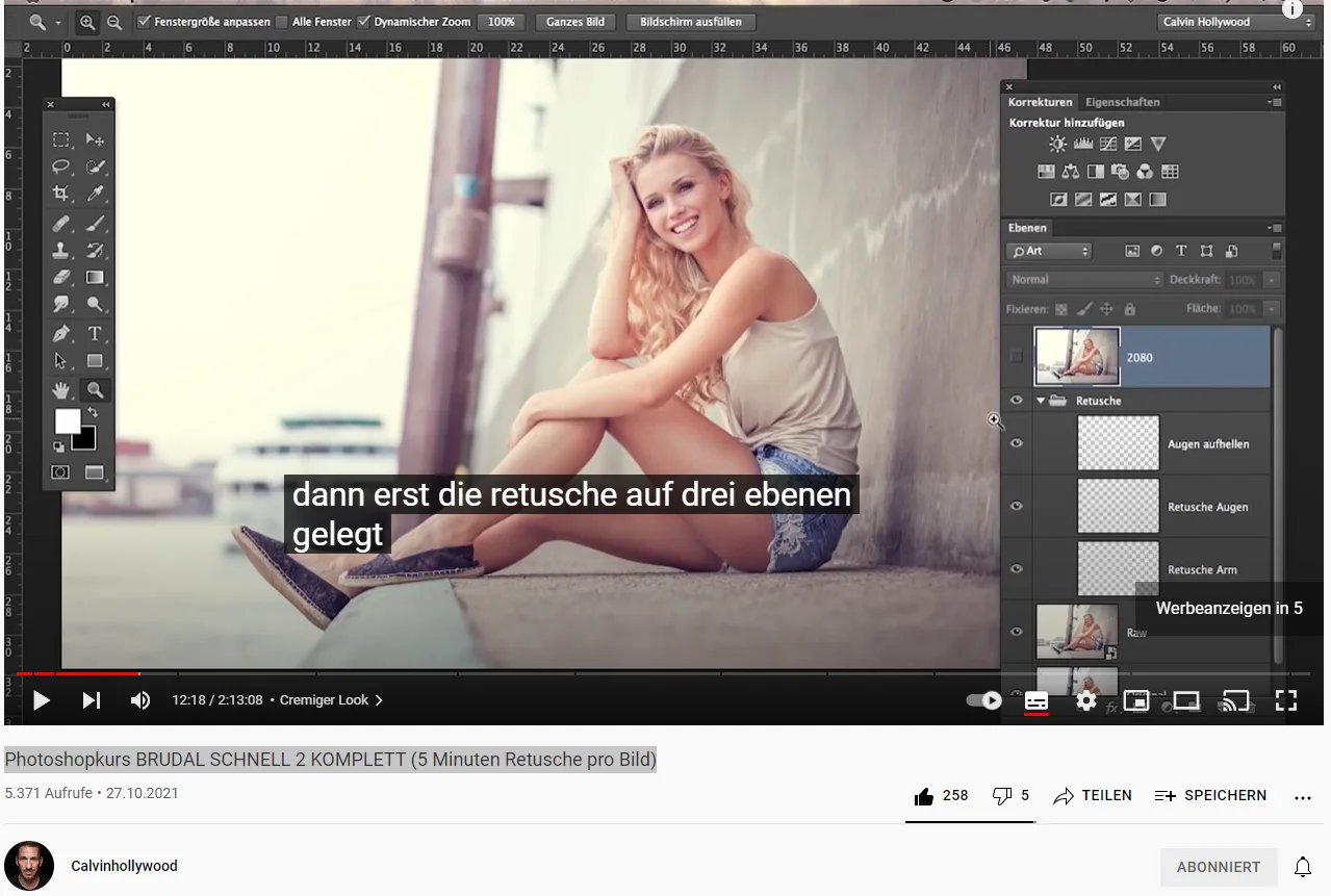 Photoshopkurs BRUDAL SCHNELL 2 KOMPLETT (5 Minuten Retusche pro Bild) Kostenloses YouTube Video von Calvin Hollywood
