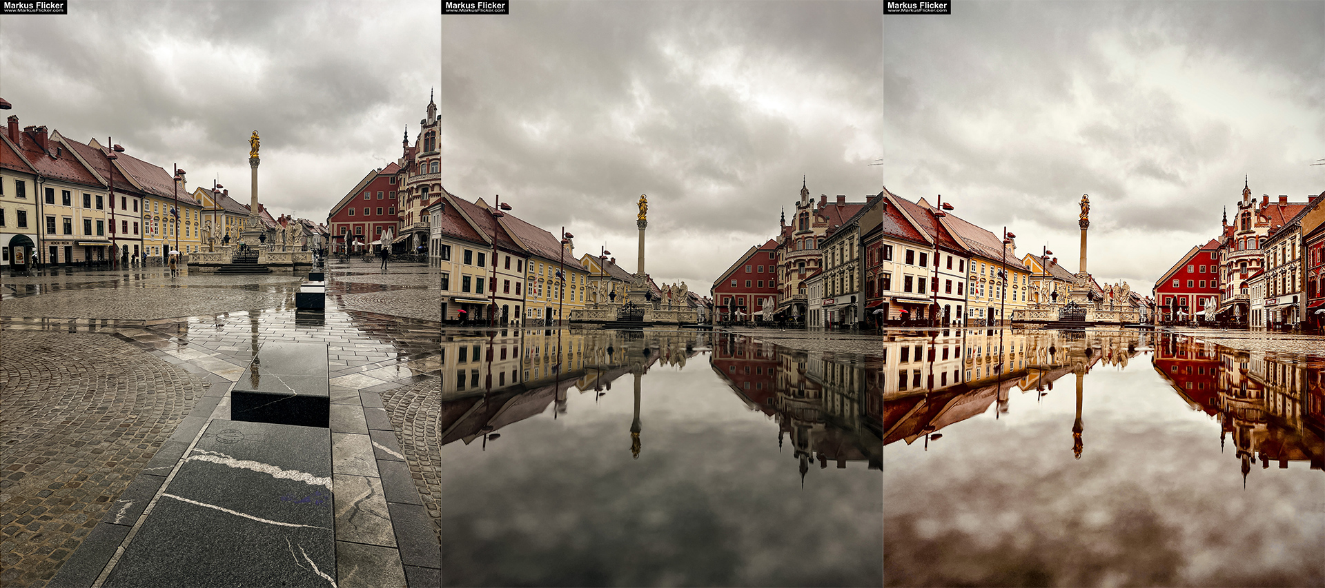 Spiegelung im Wasser der Pest Gedenksäule am Glavni trg Hauptplatz Maribor