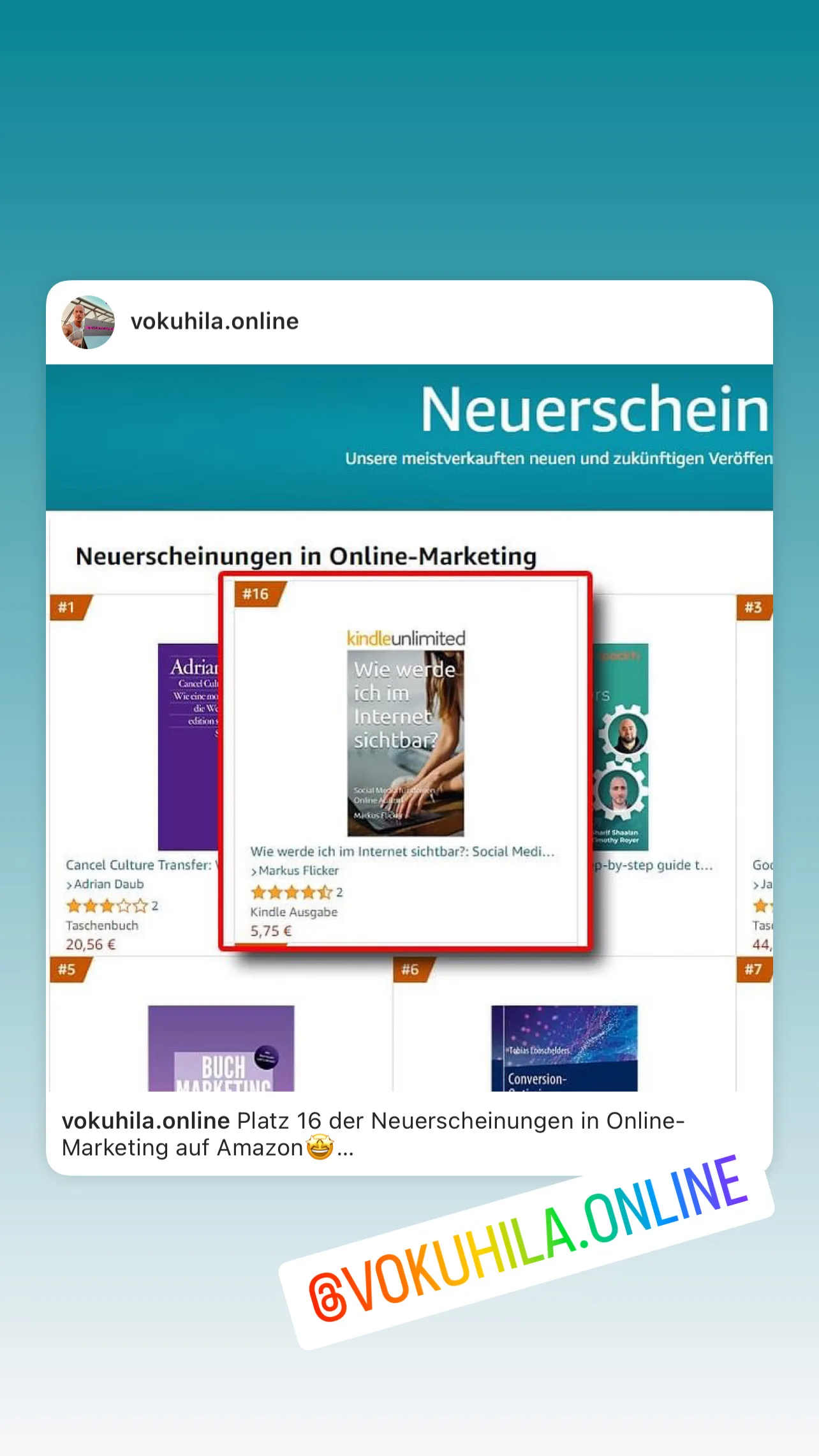 Buch auf Platz 16 in den Neuerscheinungen auf Amazon in der Kategorie Online Marketing. Wie werde ich im Internet sichtbar?!: Starte mit Social Media für Erfolg durch deinen Online Auftritt und mehr Sichtbarkeit