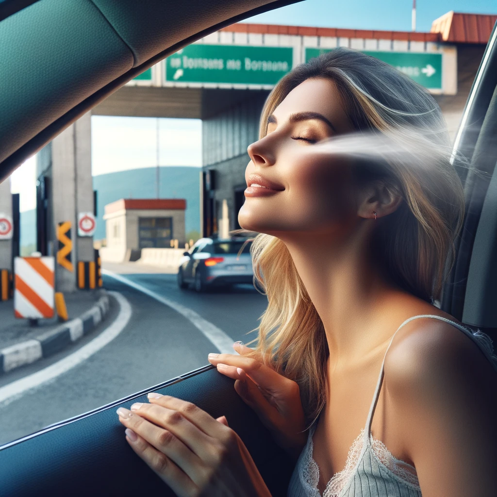 Frischluft im Auto beim Grenzübergang. Reiseroutine. Weg mit Vergangenheit und nur noch Gegenwart und Zukunft. Reisen erweitert deinen Horizont. Positive Reiseroutinen.