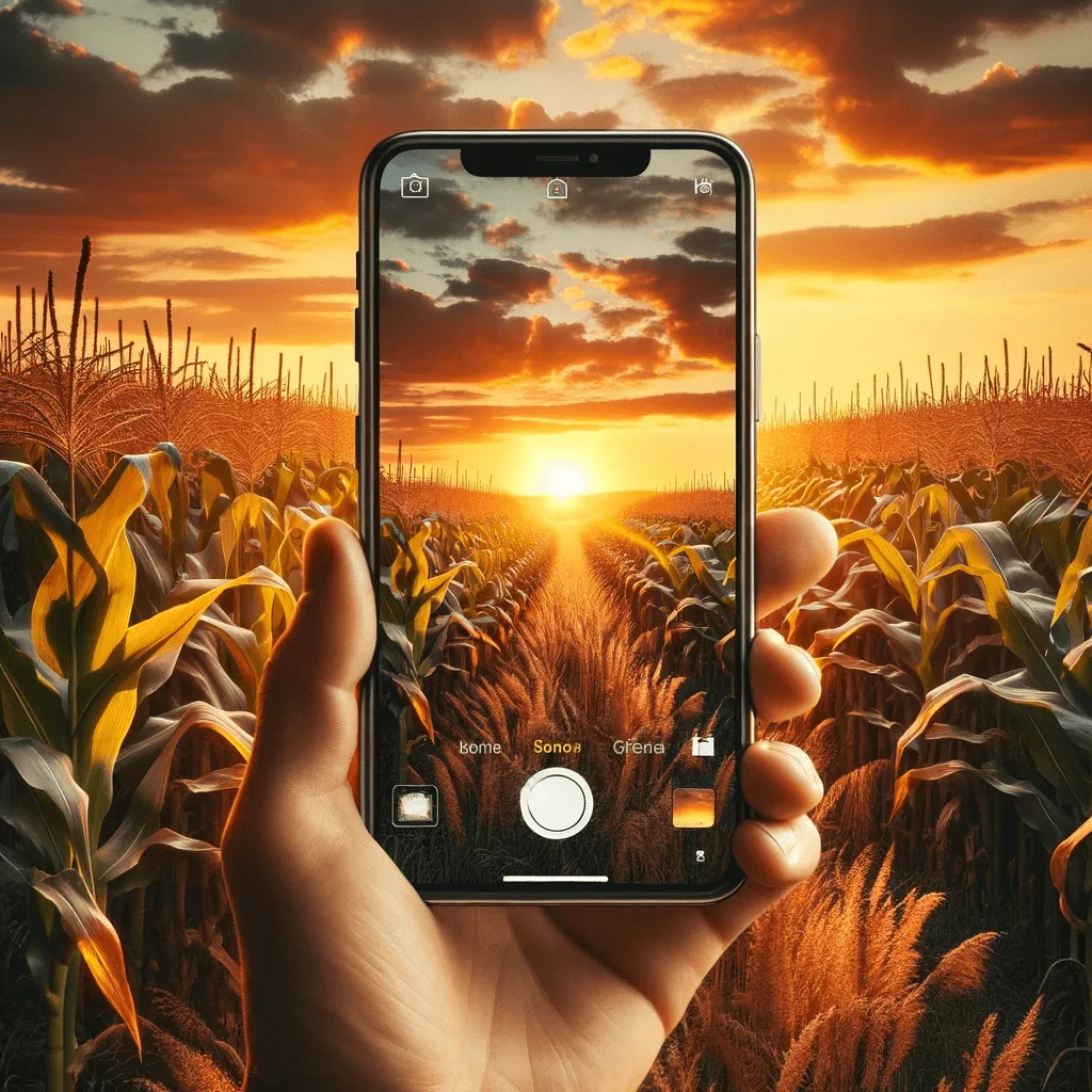 Sonnenuntergang im Kornfeld mit dem Handy fotografiert. Weitwinkel statt einfach knipsen. Apple iPhone iOS Smartphone Photography. Fotografieren und Filmen mit dem Smartphone: Bessere Fotos und Videos mit dem Handy für Freizeit, Hobby und Business