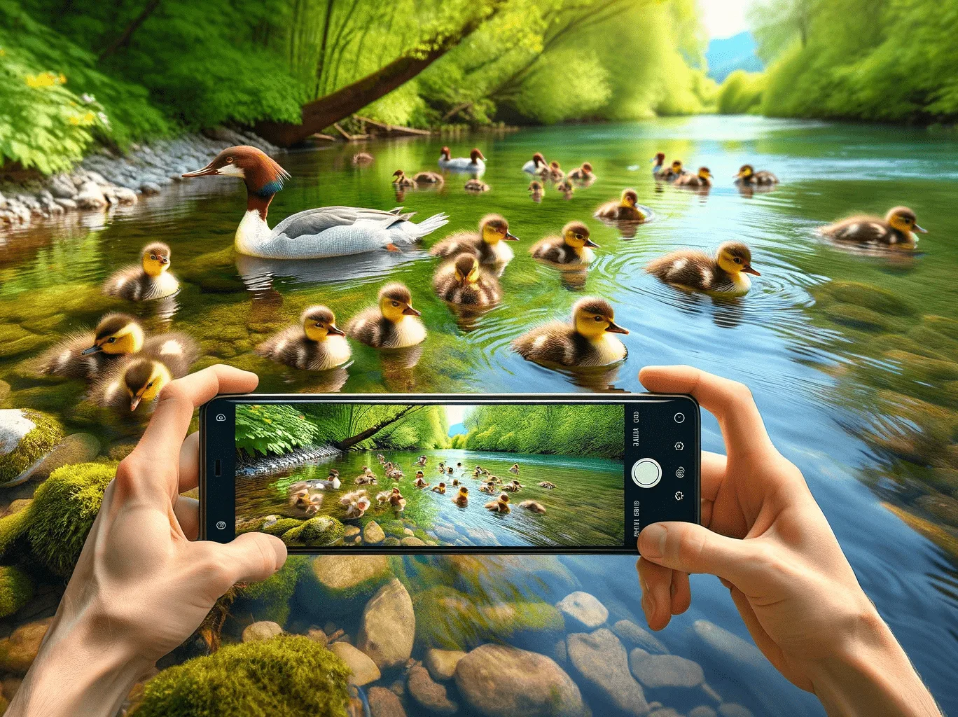 Mehr über den Artikel erfahren Gänsesäger Küken 🐥🐤 (Mergus merganser) im Fluss Footage BRoll YouTube Video inkl. 37 Fototipps und Bildideen