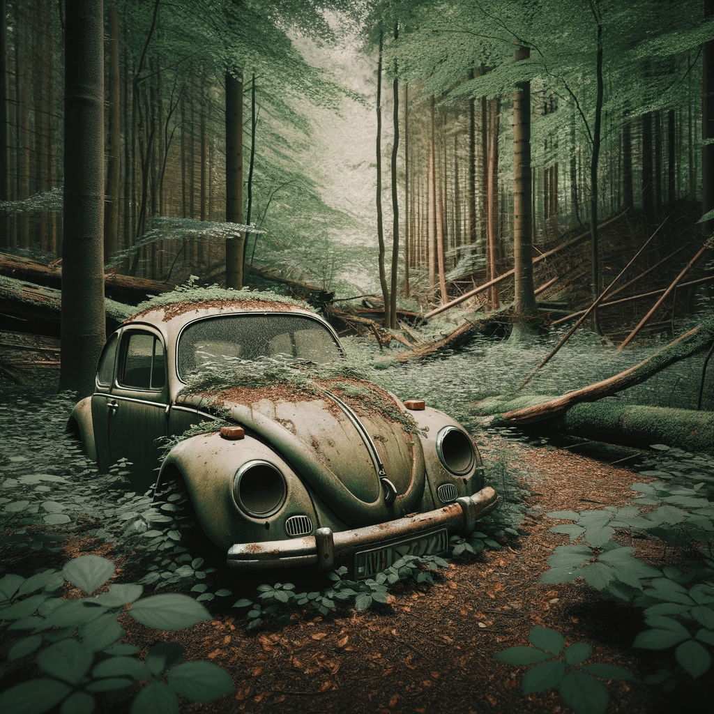 Ein VW Käfer im Wald Lost Places Auto in der Natur mit dem Smartphone fotografiert. Fotografieren und Filmen mit dem Smartphone: Bessere Fotos und Videos mit dem Handy für Freizeit, Hobby und Business