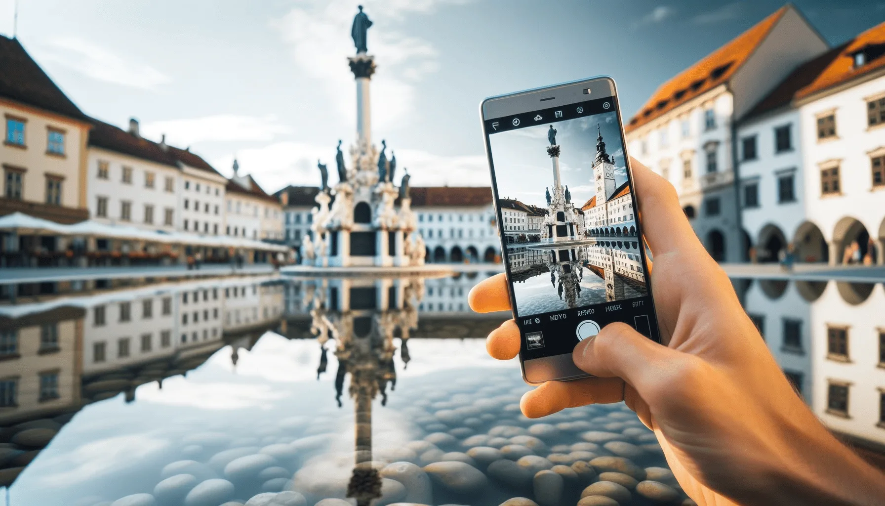 Spiegelungen im Wasser fotografieren und filmen mit dem Smartphone der Pest Gedenksäule am Glavni trg Hauptplatz Maribor. Fotografieren und Filmen mit dem Smartphone für Fotos und Videos: Smartphone-Fotografie: Profi-Tipps mit dem Handy für Freizeit, Hobby und Business