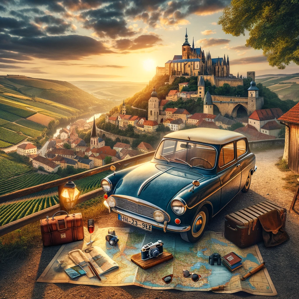 Einführung in das Thema Roadtrip. Roadtrip in Europa. Reisen mit dem Auto innerhalb der EU: Citytrips, Camping, Landschaft, Rundfahrt mit dem PKW, romantische Städte und Urlaubsinspiration.