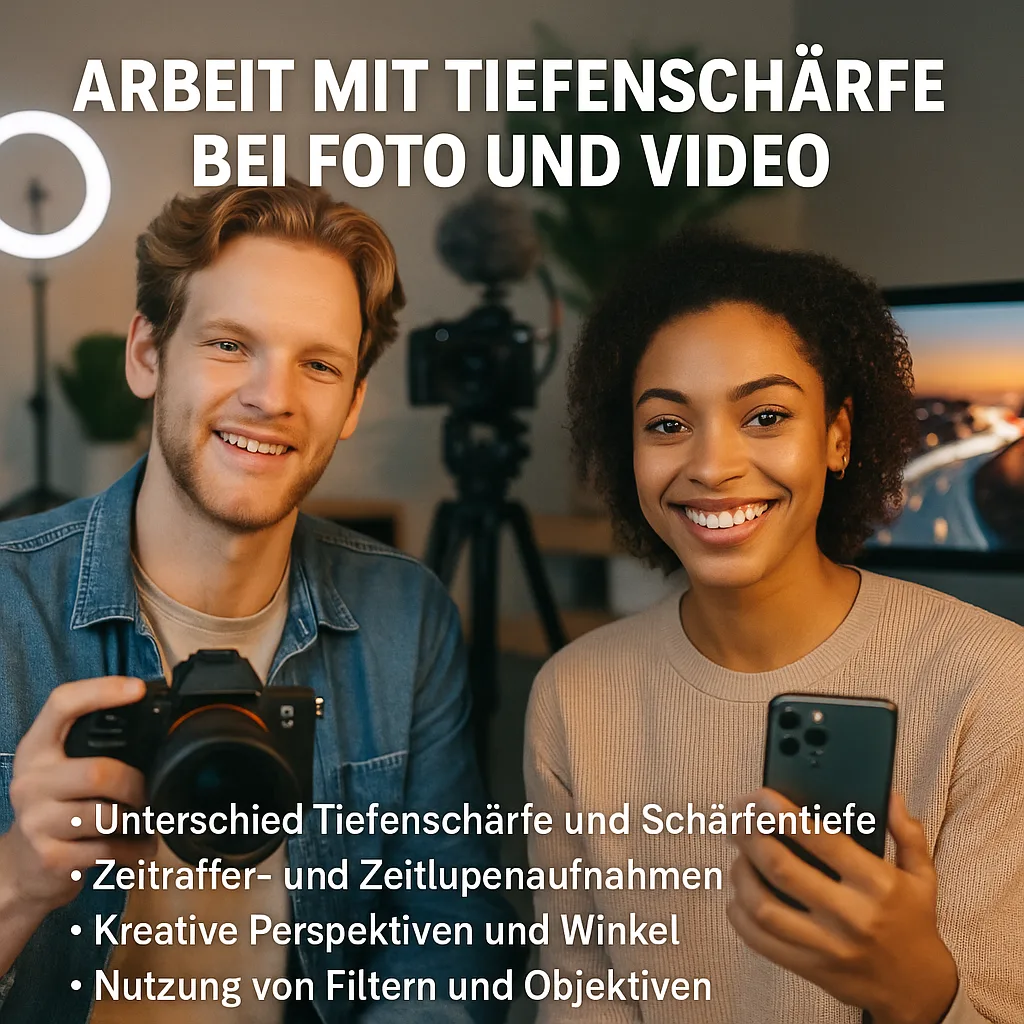 Arbeit mit Tiefenschärfe bei Foto und Video. Unterschied Tiefenschärfe und Schärfentiefe. Zeitraffer- und Zeitlupenaufnahmen. Kreative Perspektiven und Winkel. Nutzung von Filtern und Objektiven. Arbeit mit Tiefenschärfe bei Foto und Video. Unterschied Tiefenschärfe und Schärfentiefe. Zeitraffer- und Zeitlupenaufnahmen. Kreative Perspektiven und Winkel. Nutzung von Filtern und Objektiven.