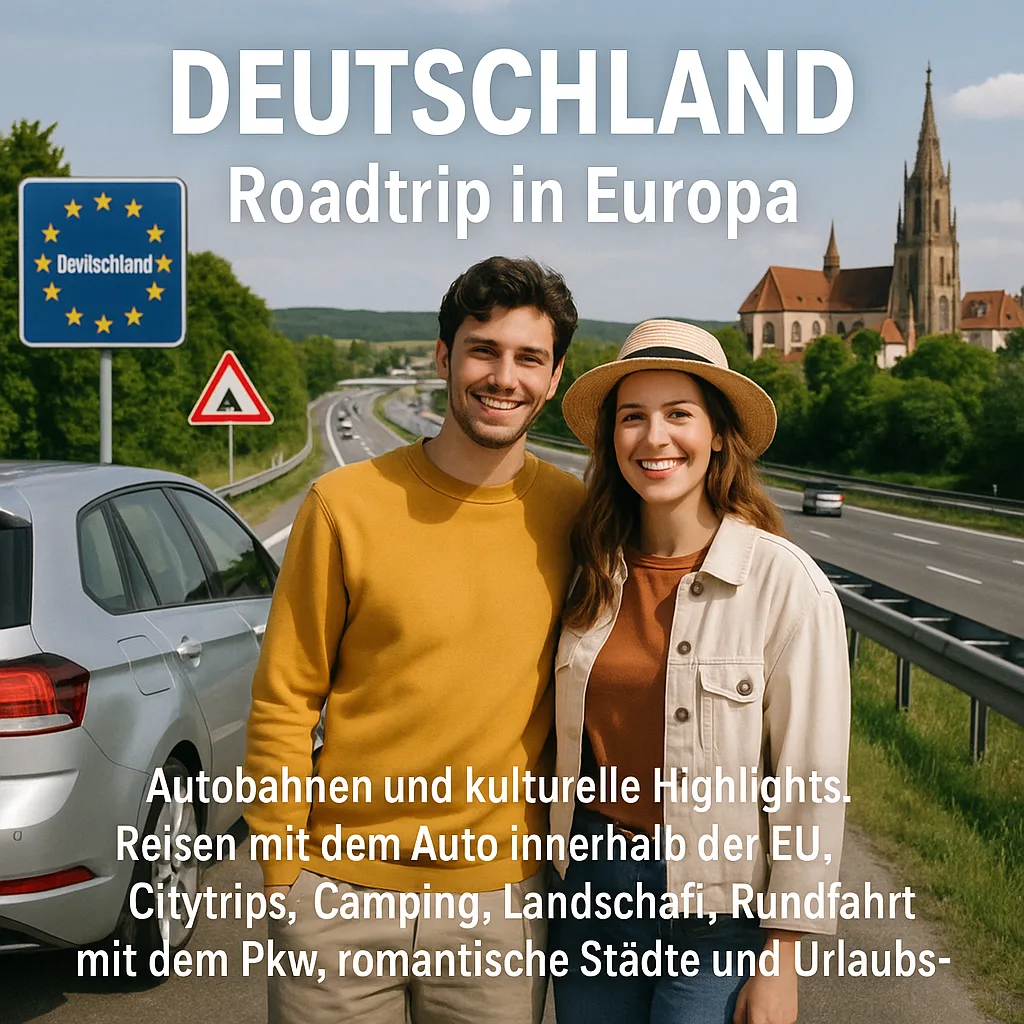 Deutschland: Roadtrip in Europa. Autobahnen und kulturelle Highlights. Reisen mit dem Auto innerhalb der EU. Citytrips, Camping, Landschaft, Rundfahrt mit dem PKW, romantische Städte und Urlaubsinspiration