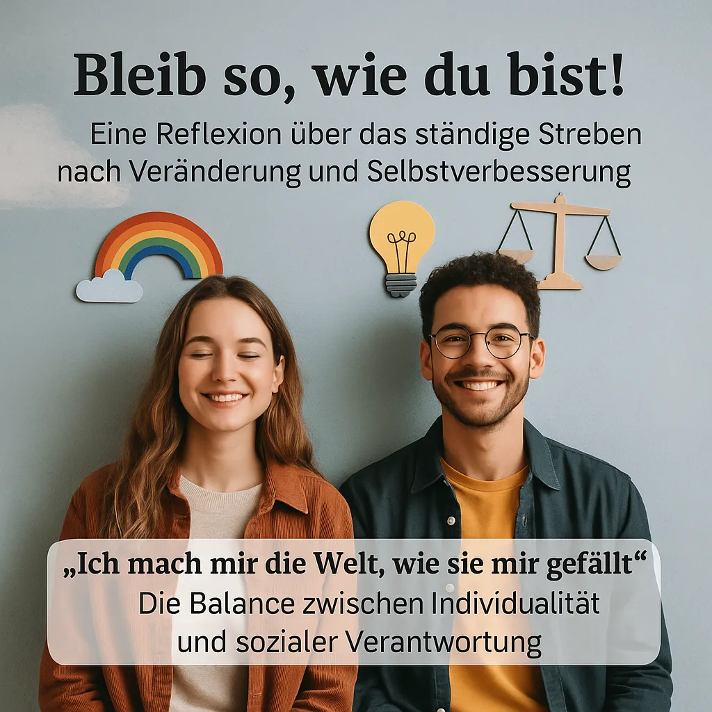 Bleib so, wie du bist! – Eine Reflexion über das ständige Streben nach Veränderung und Selbstverbesserung. "Ich mach mir die Welt, wie sie mir gefällt" – Die Balance zwischen Individualität und sozialer Verantwortung.