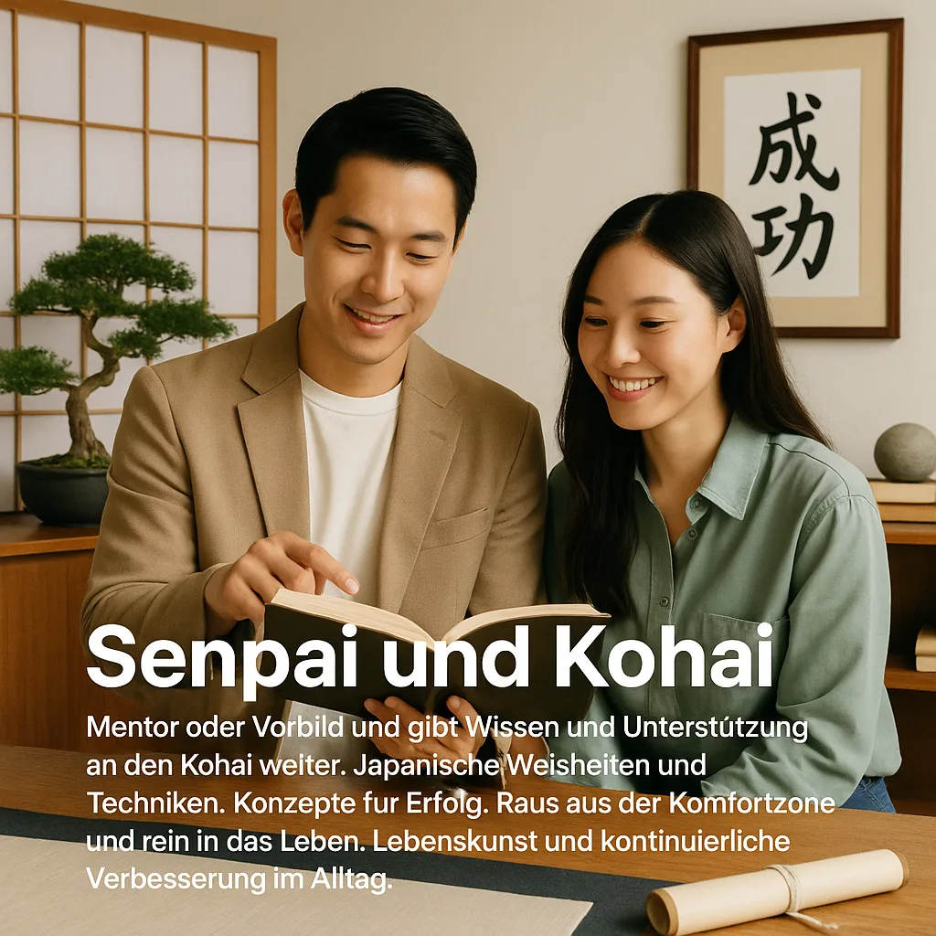 Senpai und Kohai: Mentor oder Vorbild und gibt Wissen und Unterstützung an den Kohai weiter. Japanische Weisheiten und Techniken. Konzepte für Erfolg. Raus aus der Komfortzone und rein in das Leben. Lebenskunst und kontinuierliche Verbesserung im Alltag.