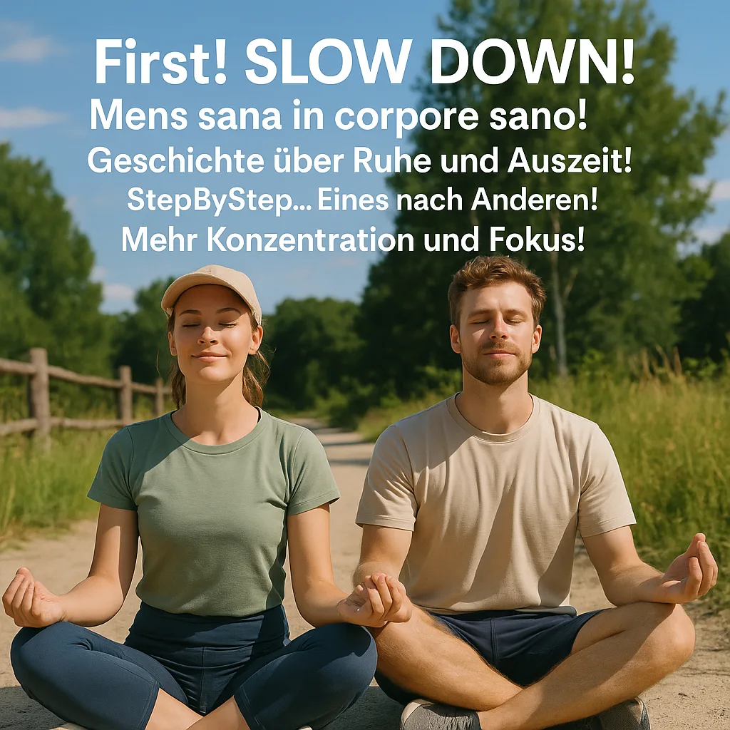 First! Slow Down! Mens sana in corpore sano! Geschichte über Ruhe und Auszeit! StepByStep… Eines nach dem Anderen! Mehr Konzentration und Fokus! First! Slow Down! Mens sana in corpore sano! Geschichte über Ruhe und Auszeit! StepByStep… Eines nach dem Anderen! Mehr Konzentration und Fokus!