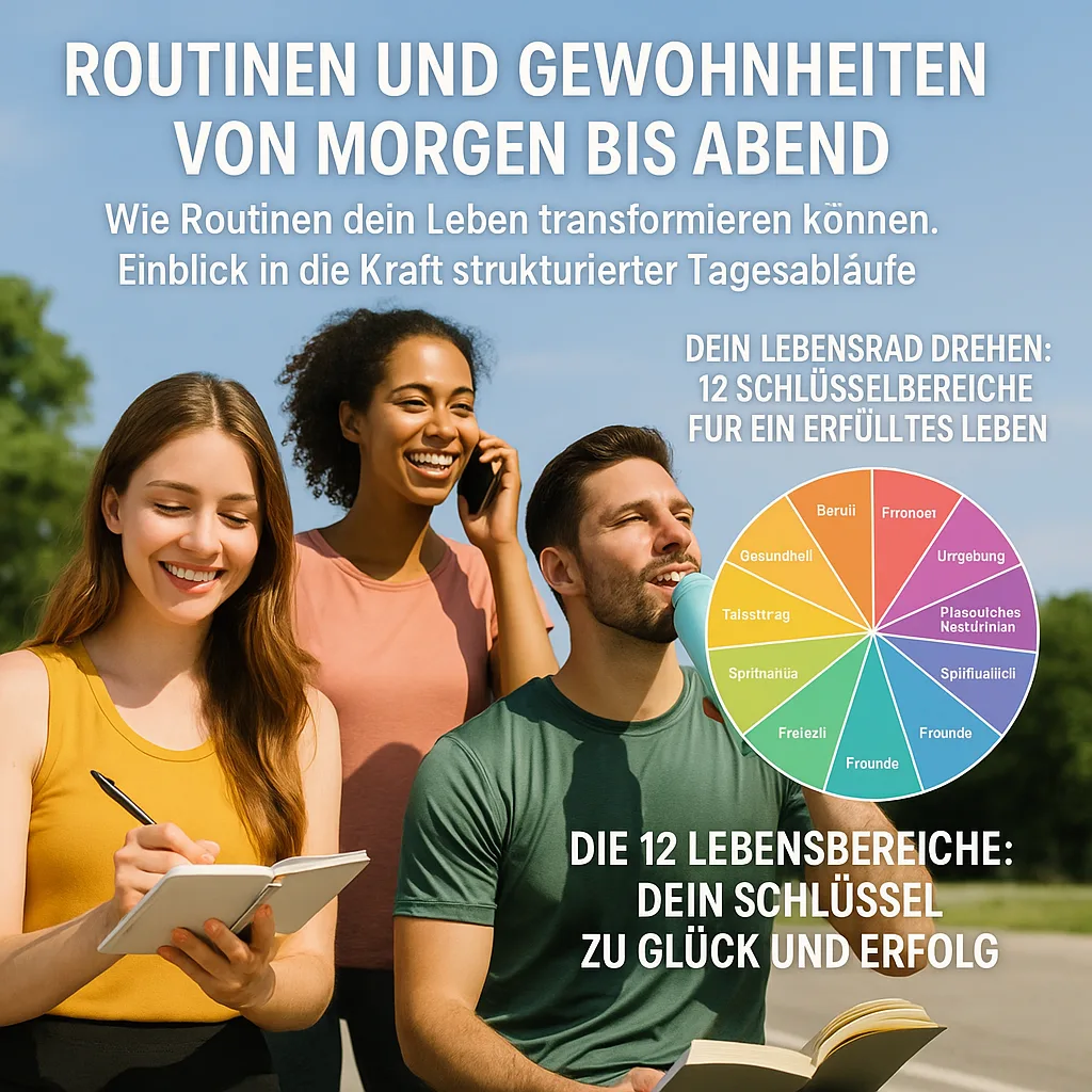 Routinen und Gewohnheiten von Morgen bis Abend. Wie Routinen dein Leben transformieren können. Einblick in die Kraft strukturierter Tagesabläufe. Dein Lebensrad drehen: 12 Schlüsselbereiche für ein Erfülltes Leben: Die 12 Lebensbereiche: Dein Schlüssel zu Glück und Erfolg