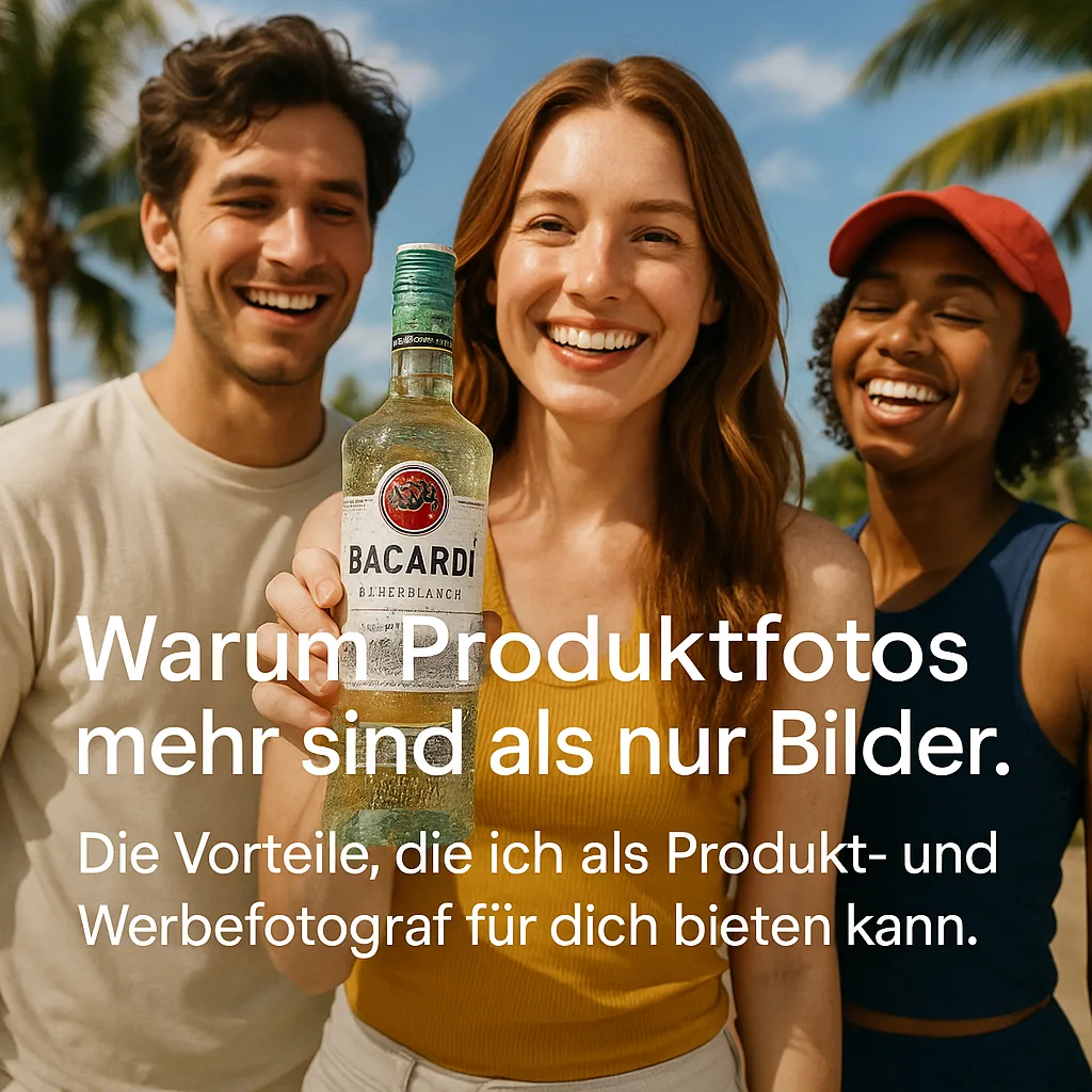 Warum Produktfotos mehr sind als nur Bilder. Die Vorteile, die ich als Produkt- und Werbefotograf für dich bieten kann. Beispiel Bacardi Flasche mit Wassertropfen