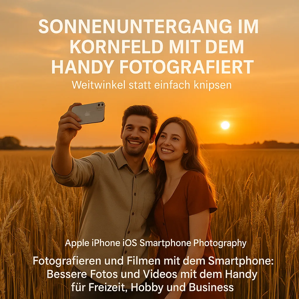 Sonnenuntergang im Kornfeld mit dem Handy fotografiert. Weitwinkel statt einfach knipsen. Apple iPhone iOS Smartphone Photography. Fotografieren und Filmen mit dem Smartphone: Bessere Fotos und Videos mit dem Handy für Freizeit, Hobby und Business