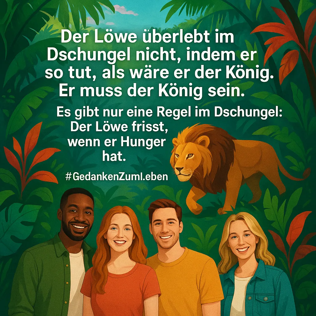 Der Löwe überlebt im Dschungel nicht, indem er so tut, als wäre er der König. Er muss der König sein. Es gibt nur eine Regel im Dschungel: Der Löwe frisst, wenn er Hunger hat. #GedankenZumLeben 37 Tricks und Tipps Der Löwe überlebt im Dschungel nicht, indem er so tut, als wäre er der König. Er muss der König sein. Es gibt nur eine Regel im Dschungel: Der Löwe frisst, wenn er Hunger hat. #GedankenZumLeben