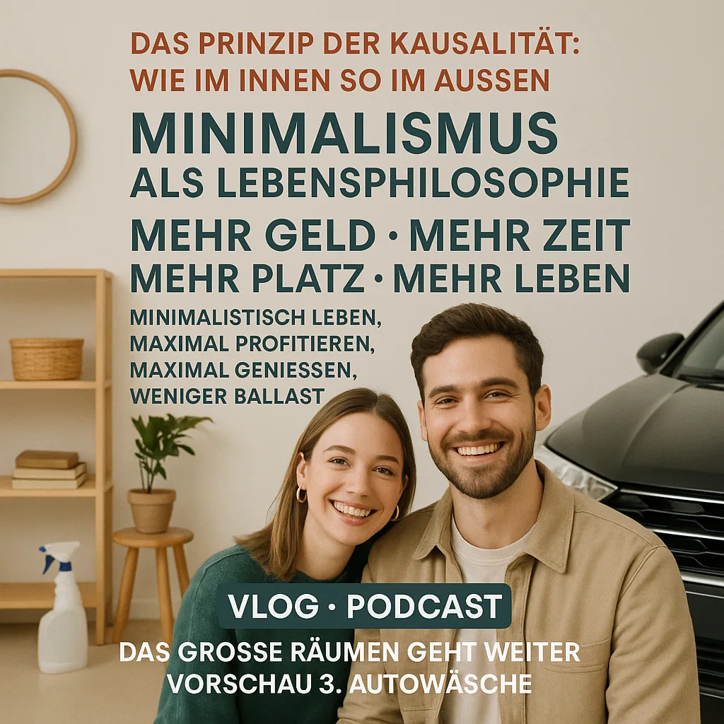 Das Prinzip der Kausalität: Wie im Innen so im Außen. Minimalismus als Lebensphilosophie. Minimalismus Mehr Geld Mehr Zeit Mehr Platz Mehr Leben: Minimalistisch leben, maximal profitieren, maximal genießen, weniger Ballast. Vlog Podcast: Das große Räumen geht weiter Vorschau 3. Autowäsche. Das Prinzip der Kausalität: Wie im Innen so im Außen. Minimalismus als Lebensphilosophie. Minimalismus Mehr Geld Mehr Zeit Mehr Platz Mehr Leben: Minimalistisch leben, maximal profitieren, maximal genießen, weniger Ballast. Vlog Podcast: Das große Räumen geht weiter Vorschau 3. Autowäsche.