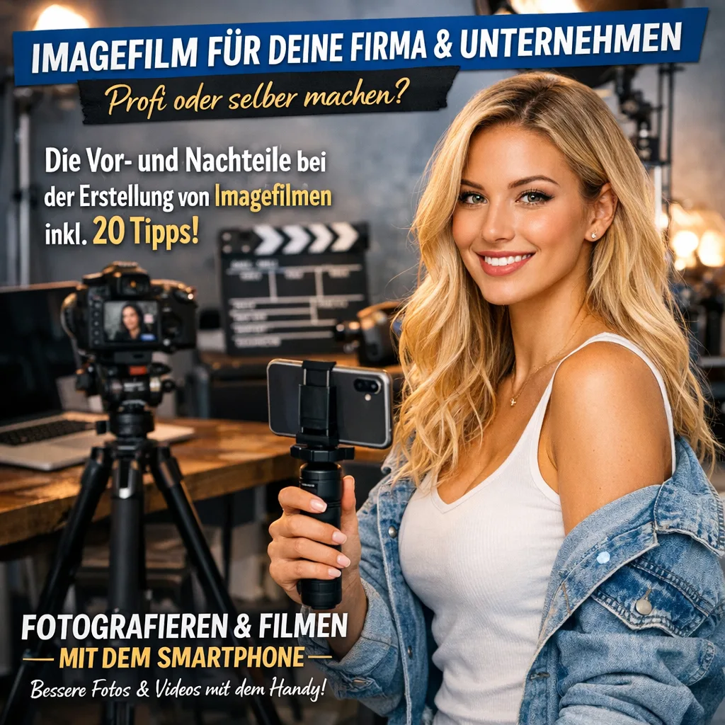 Imagefilm für deine Firma und für dein Unternehmen. Profi oder selber machen? Die Vor- und Nachteile bei der Erstellung von Imagefilmen inkl. 20 Tipps. Fotografieren und Filmen mit dem Smartphone: Bessere Fotos und Videos mit dem Handy für Freizeit, Hobby und Business