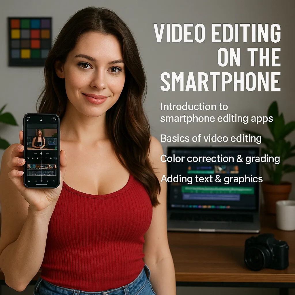 Videobearbeitung auf dem Smartphone. Einführung in Schnittsoftware für Smartphones. Grundlagen des Videoschnitts. Farbkorrektur und Grading. Hinzufügen von Text und Grafiken