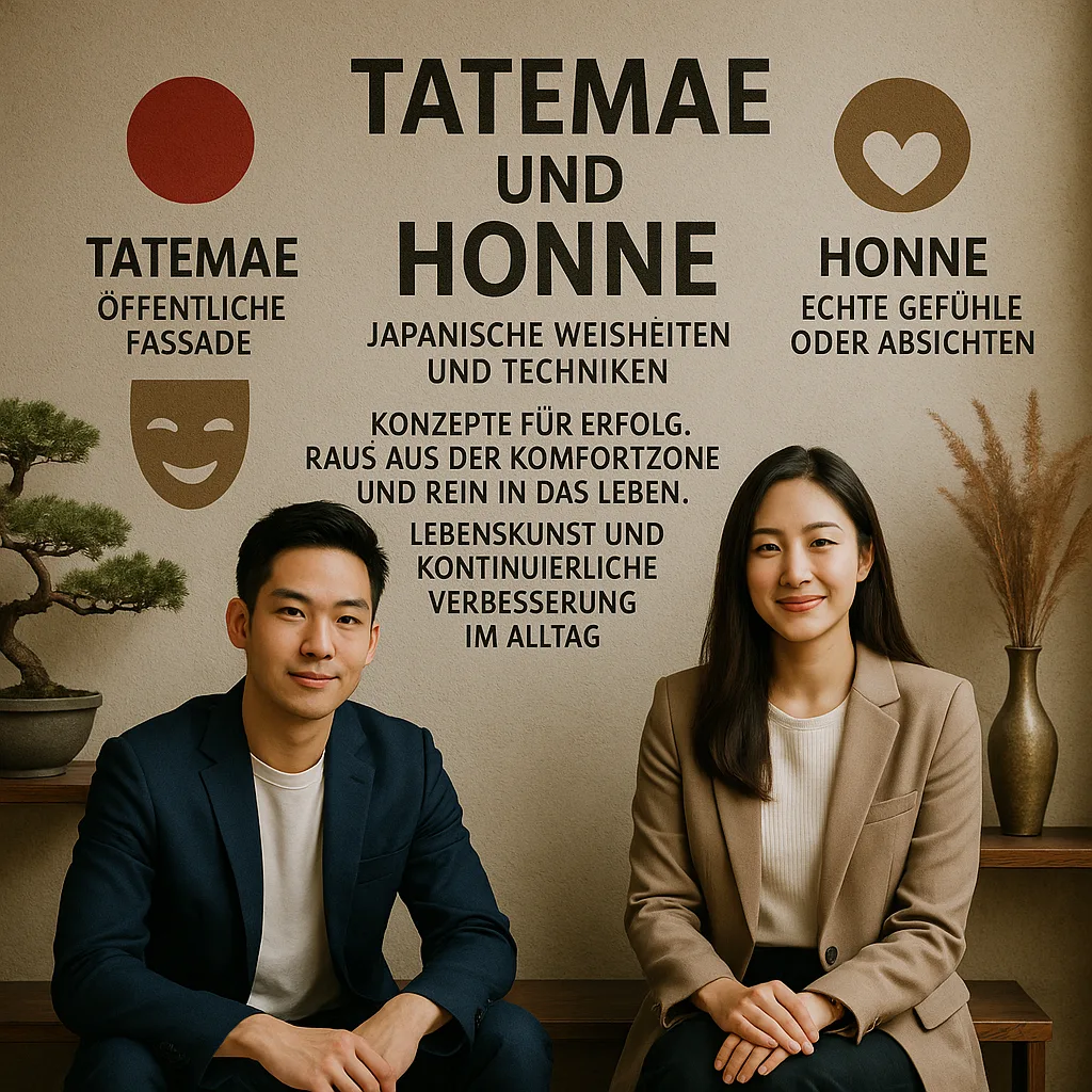 Tatemae und Honne. Unterschied zwischen der öffentlichen Fassade (Tatemae) und den echten Gefühlen oder Absichten (Honne). Japanische Weisheiten und Techniken. Konzepte für Erfolg. Raus aus der Komfortzone und rein in das Leben. Lebenskunst und kontinuierliche Verbesserung im Alltag.