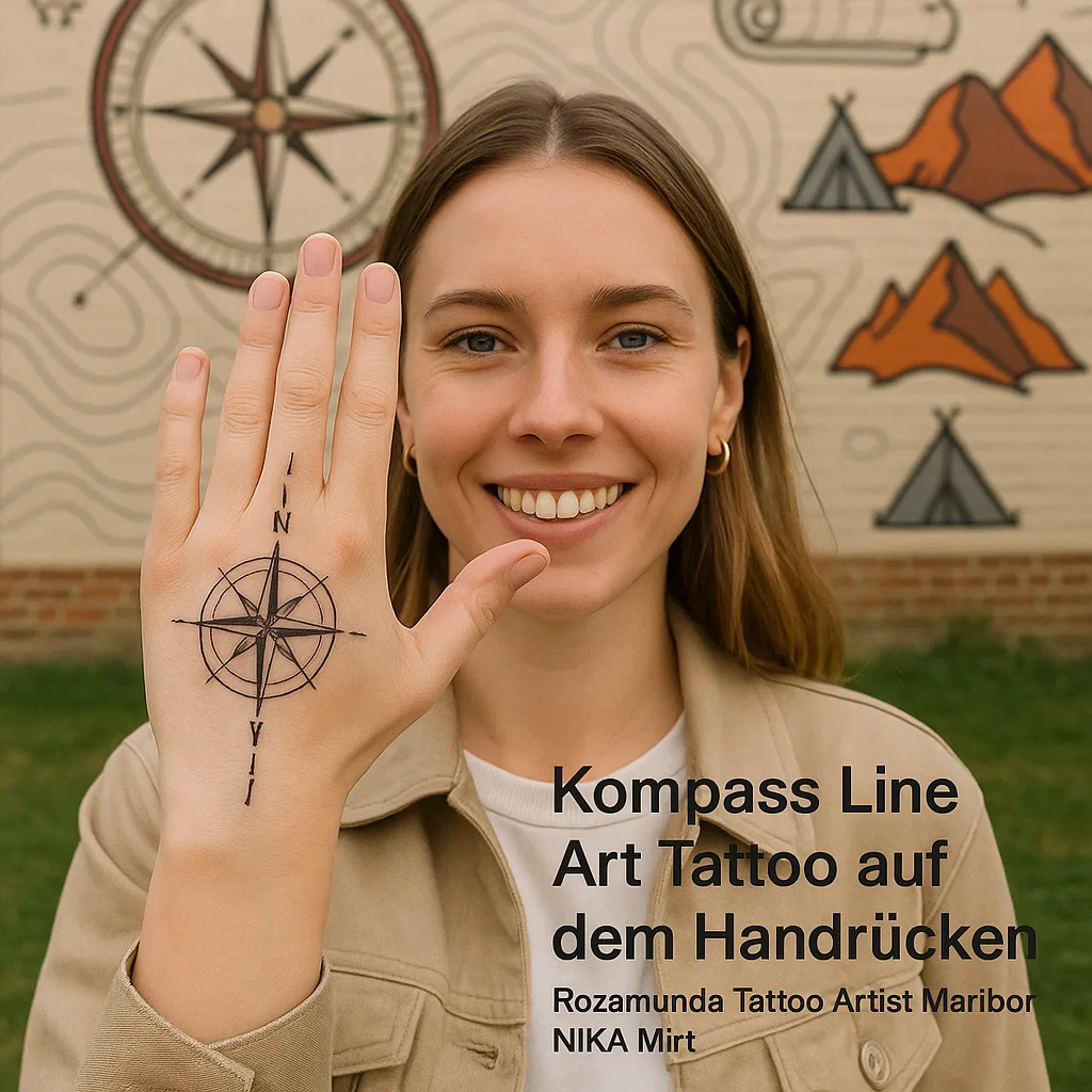 Kompass Tattoo auf dem Handrücken. Rozamunda Tattoo Artist Maribor NIKA Mirt