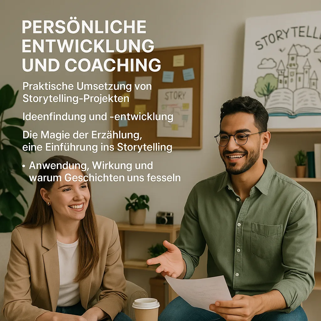 Persönliche Entwicklung und Coaching. Praktische Umsetzung von Storytelling-Projekten. Ideenfindung und -entwicklung. Die Magie der Erzählung, eine Einführung ins Storytelling. Anwendung, Wirkung und warum Geschichten uns fesseln.