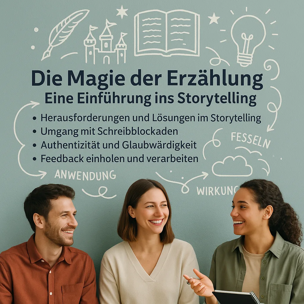 Herausforderungen und Lösungen im Storytelling. Umgang mit Schreibblockaden. Authentizität und Glaubwürdigkeit. Feedback einholen und verarbeiten. Die Magie der Erzählung, eine Einführung ins Storytelling. Anwendung, Wirkung und warum Geschichten uns fesseln.