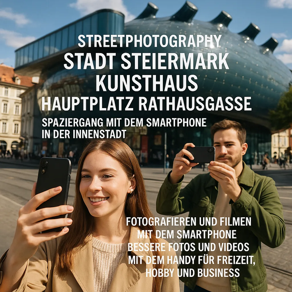 Streetphotography Stadt Steiermark Kunsthaus Hauptplatz Rathausgasse. Spaziergang mit dem Smartphone in der Innenstadt. Fotografieren und Filmen mit dem Smartphone: Bessere Fotos und Videos mit dem Handy für Freizeit, Hobby und Business