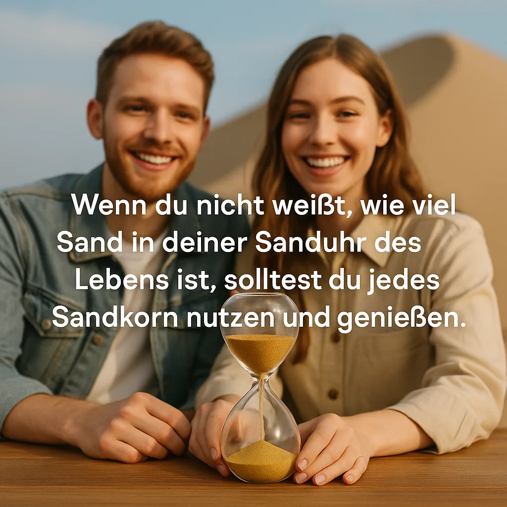 Wenn du nicht weißt, wie viel Sand in deiner Sanduhr des Lebens ist, solltest du jedes Sandkorn nutzen und genießen inkl. 4 Ideen Wenn du nicht weißt, wie viel Sand in deiner Sanduhr des Lebens ist, solltest du jedes Sandkorn nutzen und genießen