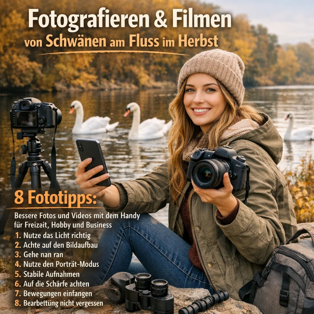 Fotografieren und Filmen von Schwänen am Fluss im Herbst mit der Kamera und dem Smartphone inkl. 8 Fototipps. Fotografieren und Filmen mit dem Smartphone: Bessere Fotos und Videos mit dem Handy für Freizeit, Hobby und Business