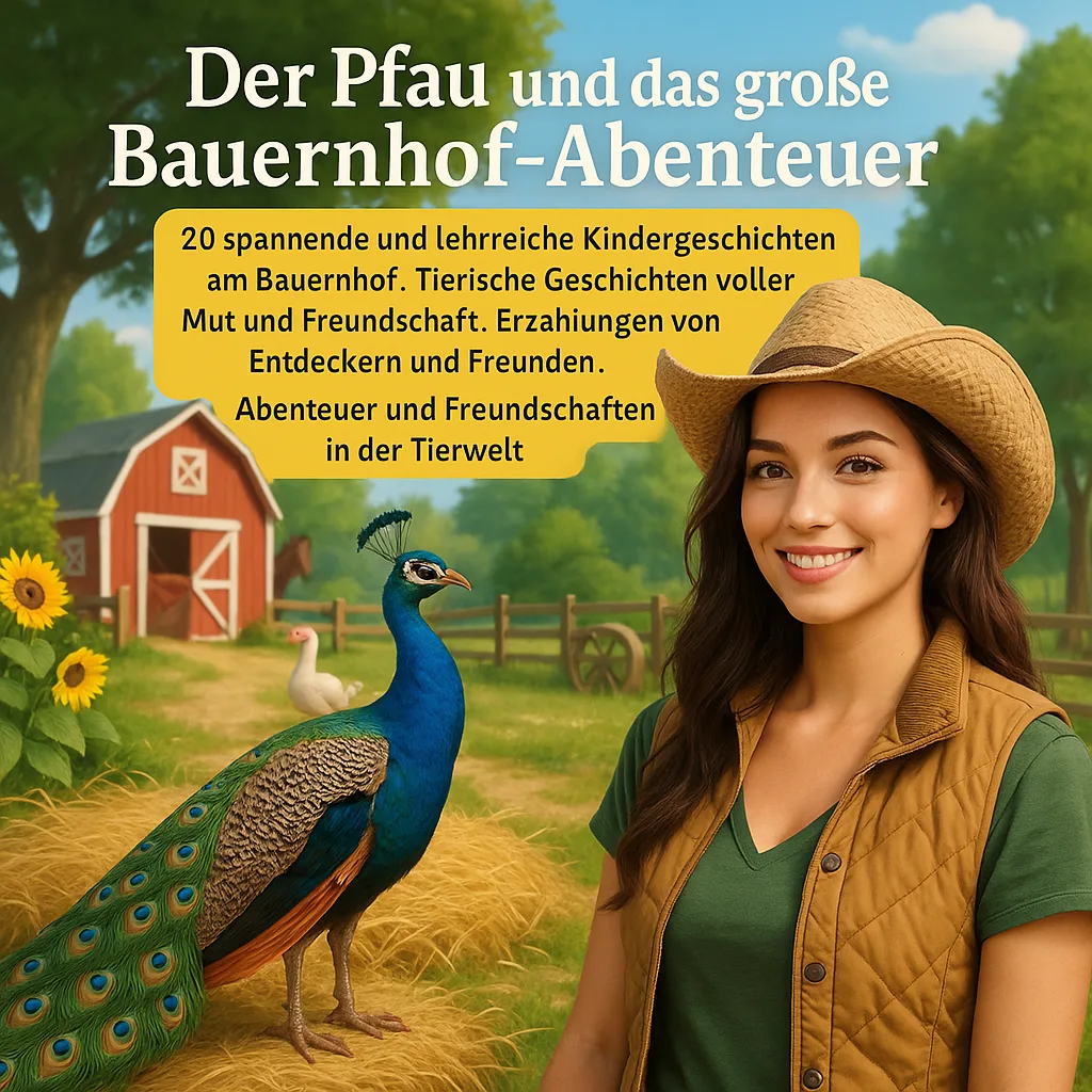 Mehr über den Artikel erfahren Der Pfau und das große Bauernhof-Abenteuer. 20 Spannende und lehrreiche Kindergeschichten am Bauernhof. Tierische Geschichten voller Mut und Freundschaft. Erzählungen von Entdeckern und Freunden. Abenteuer und Freundschaften in der Tierwelt