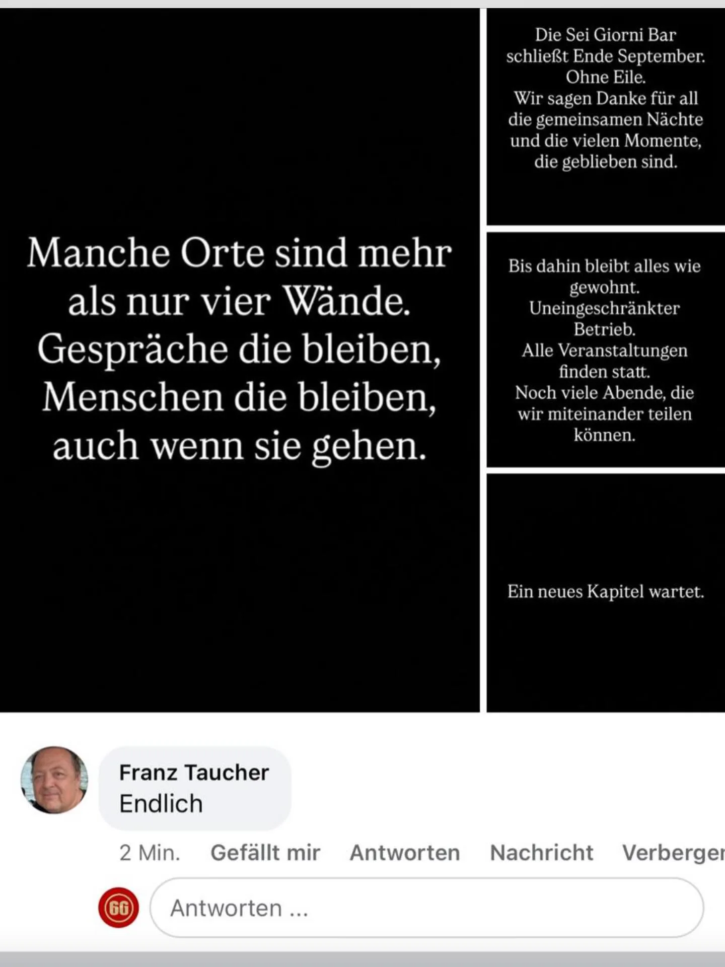 Sei Giorni Bar 6G Gleisdorf: Wenn ein Ort mehr ist als vier Wände: Abschied von der Sei Gior­ni Bar und was er für unsere Stadtkultur bedeutet. Franz Taucher